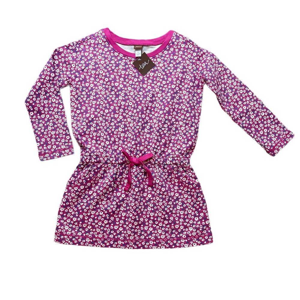 Tea Collection Ditsy Drawstring Dress Girls Size‎ 5 100% Cotton Pink, Floral NEW